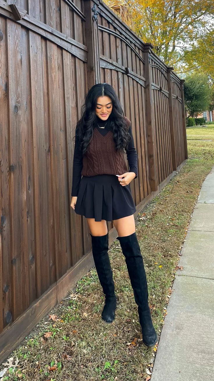 Brown Cable Knit Sweater with Black Pleated Skirt 